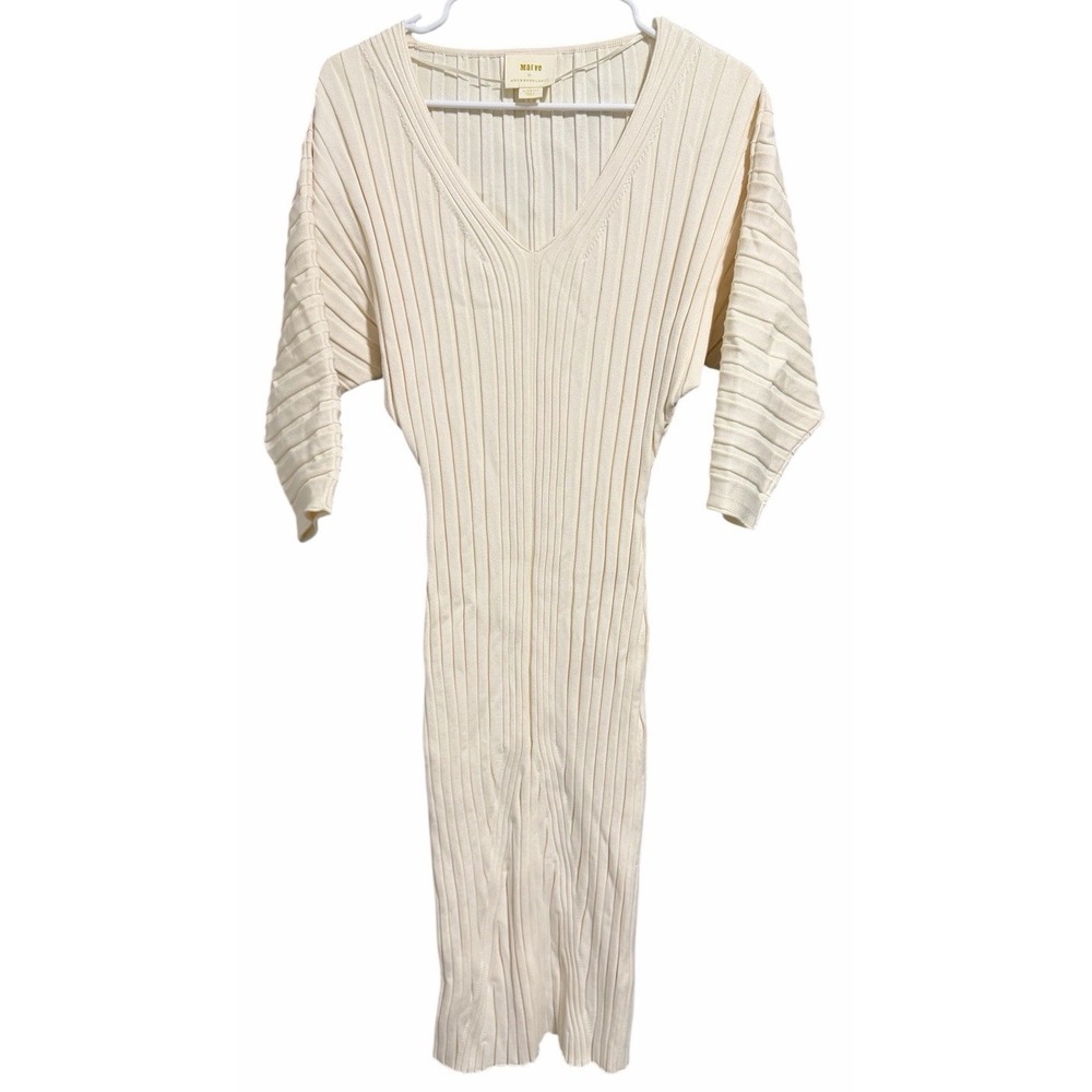 Anthropologie Maeve Maris Midi Ribbed Knit Ivory Sweater Dress Women's Size XS